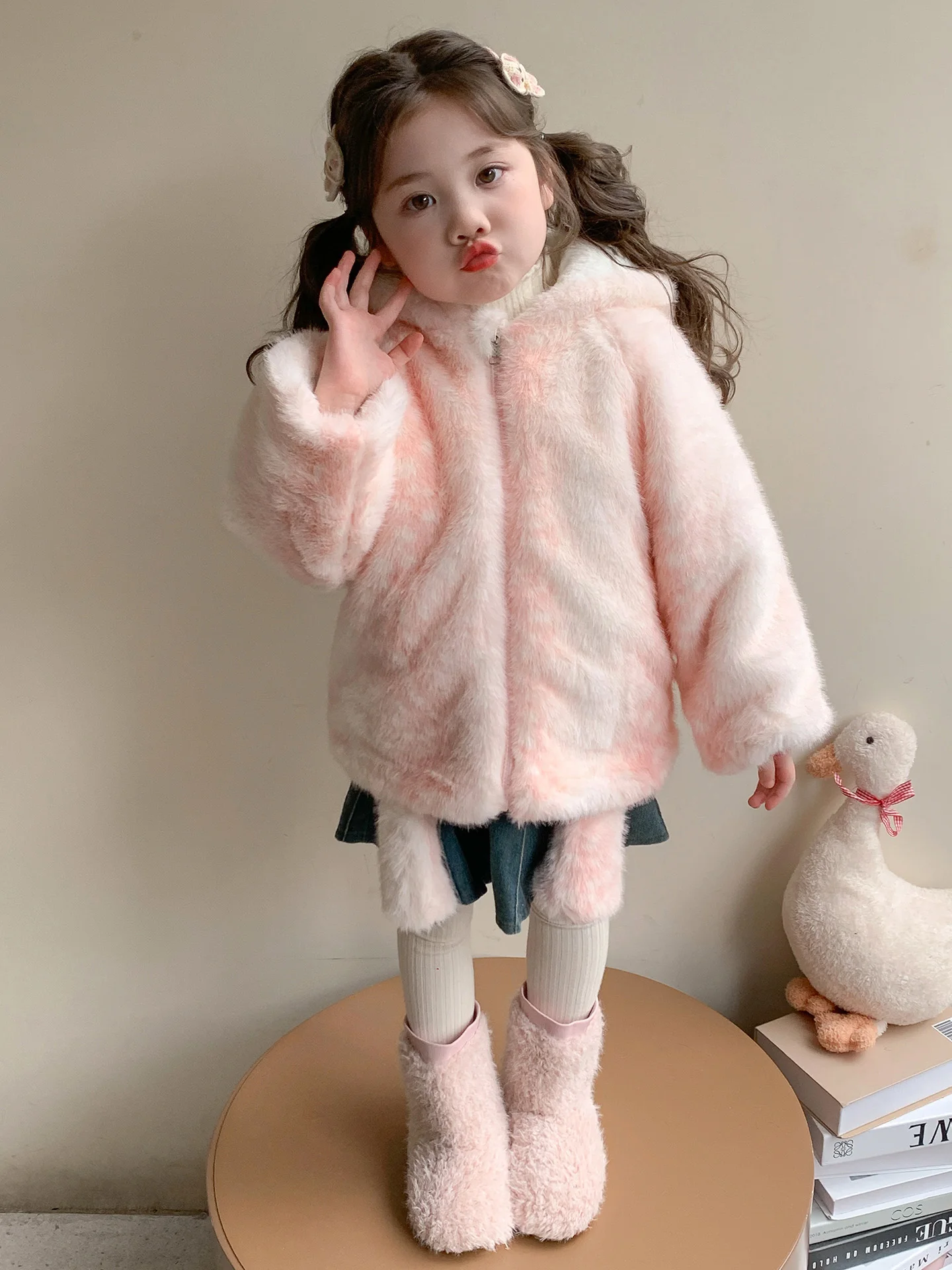 

Girls Fce Lined Thiened Deer Print Faux Fur Jaet Winter Coat Adorable Sli Children's Faionable Outerwear
