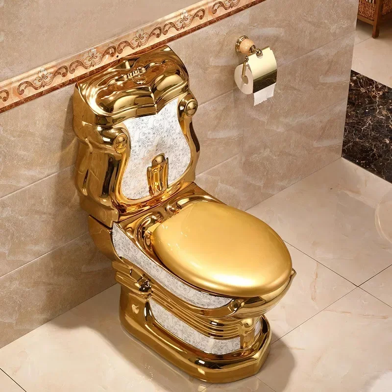 Luxury design ceramic gold toilet set bathroom two pieces sanitary ware gold color toilet washdown siphonic dual gold toilet