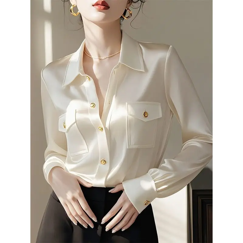 Polo Neck White Long Sleeve Elegant Blouse Spring Autumn New Solid All-match Temperament Shirt Tops Office Korean Women Clothing