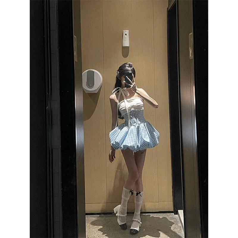 Kawaiiลายสก๊อตมินิชุดผู้หญิงแฟชั่นParty Promเซ็กซี่Budฤดูร้อนY2KเกาหลีออกแบบสายBodycon Vestidosใหม่