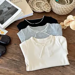 Children Clothes Kids Casual Girls Lace Collar T Shirt 2024 Autumn New High Elastic Long Sleeve Solid Color Fashion Bow T Shirt