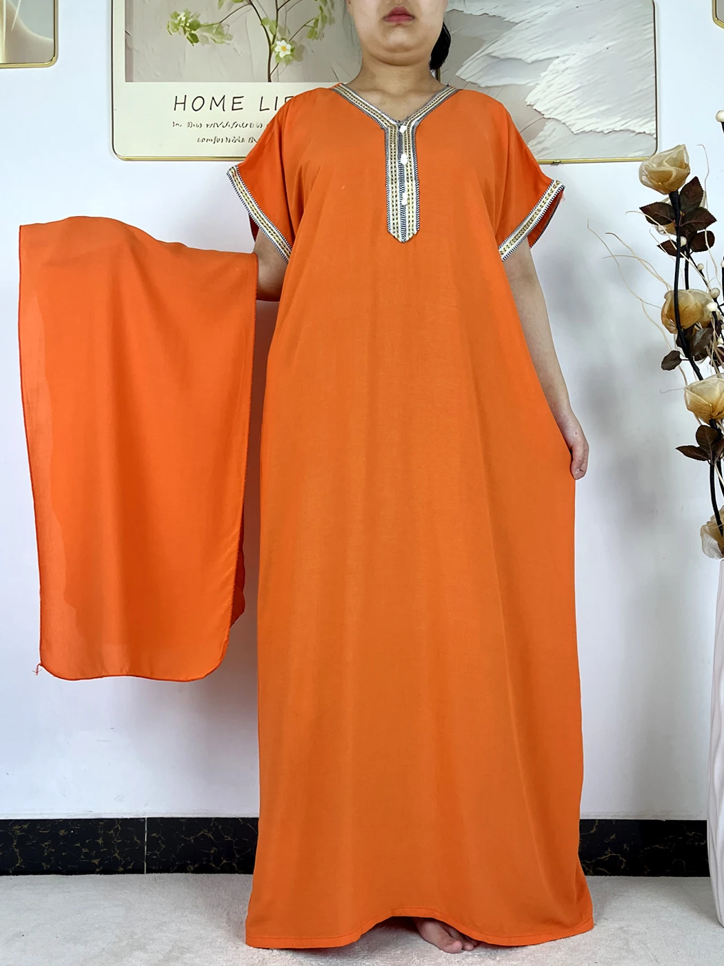 

Muslim Abayas For Women Solid Color Cotton Loose Femme Robe Kaftan V-neck African Traditional Nigerian Dresses With Turban LT498