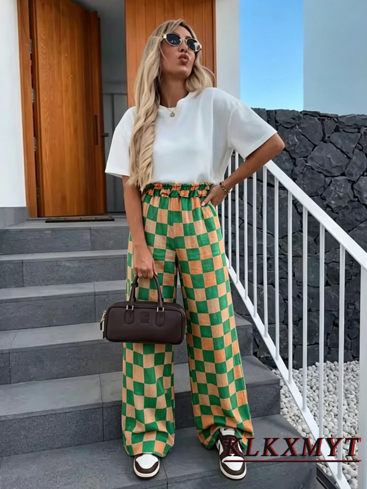 Women Fashion Checkered Striped Pants Summer Vacation Elegant Hight-Rise Loose Casual Pants Women Drawstring Waist Trousers
