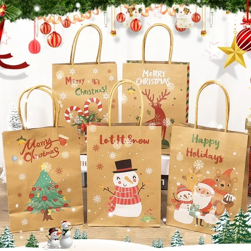 Bolsas de papel Kraft de Navidad, 5 piezas, para regalo, dulces, compras, aperitivos, decoración del hogar