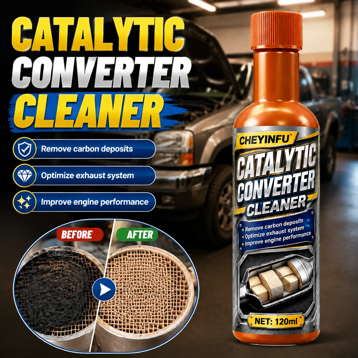 CHEYINFU Catalytic Converter Cleaner Carbon Deposit Remover Exhaust Booster 120ml