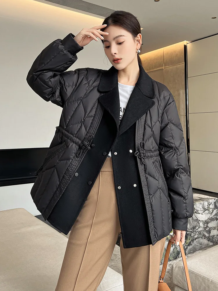 2023 Women New Korean Collar Folds Casual Vintage Down Coat Large Pockets Solid Color Original Down Coat