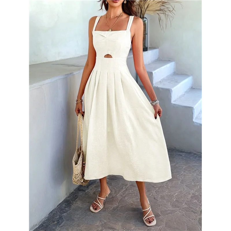 【SEE】 فستان نسائي بربطة أمامية وأزرار سفلية على شكل حرف A فستان صيفي بحزام سباغيتي متوسط الطول بطبعات زهور