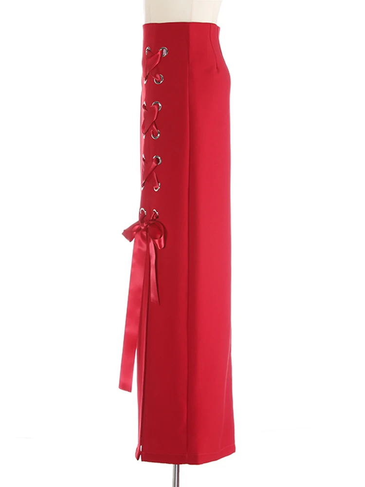 [EAM] High Waist Red Badnage Hollow Out Slit Elegant Long Half-body Skirt Women Fashion Tide New Spring Autumn 2024 1DH5225