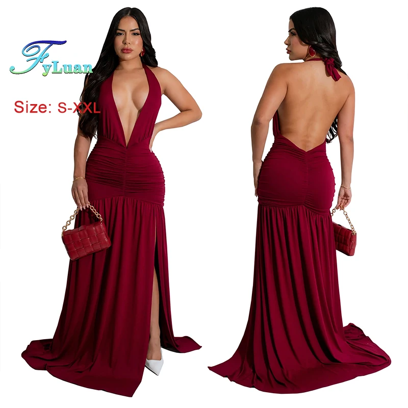 الدانتيل يصل العميق الخامس الرقبة المرأة معلقة الرقبة تنورة بلون قبالة الكتف عارية الذراعين Ruched فستان صيفي حفل زفاف مساء الملابس #2