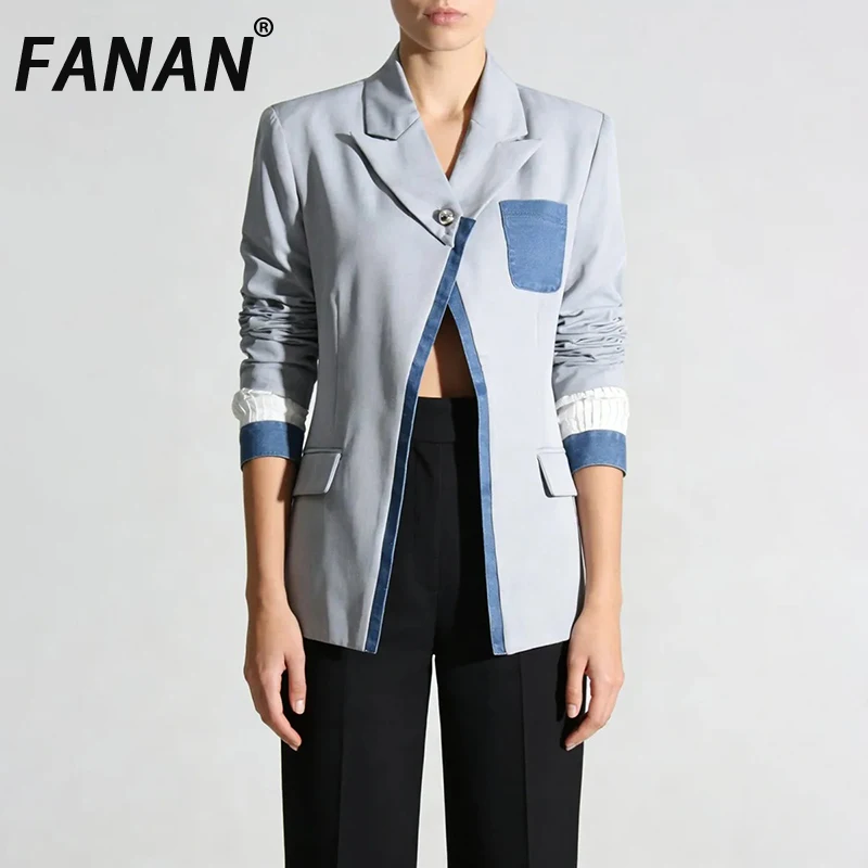 FANAN Hit Color Slimming Spliced Pocket Design Sense Jackets For Women Lapel Long Sleeves Patchwork Button Jacket Female