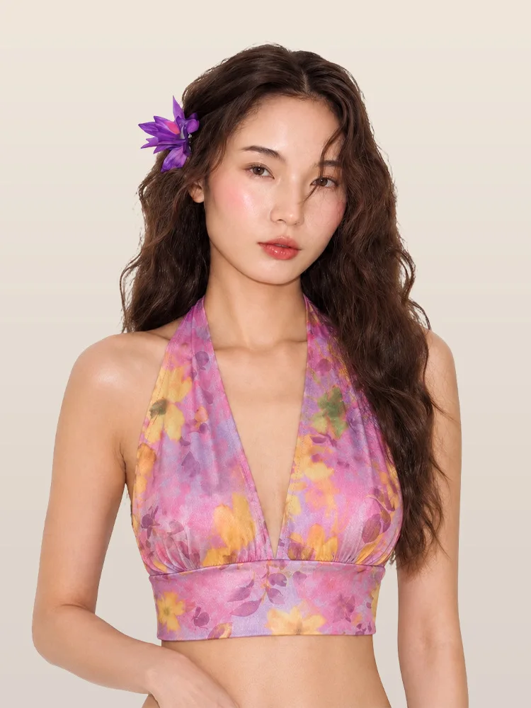 Women Ladies sexy neck-hanging V-neck waist-cinching printed design sports tank top yoga clothes sports bra with padding