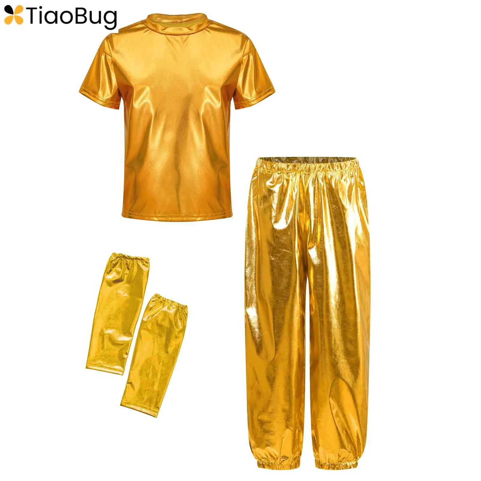 

Kids Girls Boys Hip Hop Jazz Dance Costume Short Sleeve Y2K Shiny Metallic T-shirt+Pants+Gloves 3Pcs for Stage Party Performance