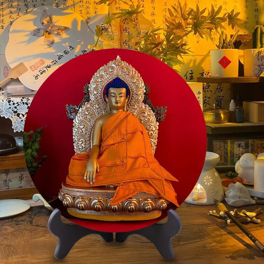 

2D disc painted Buddha statue ornament, Shakyamuni bronze statue, Home offering Tathagata Buddha, Picture frame decoration