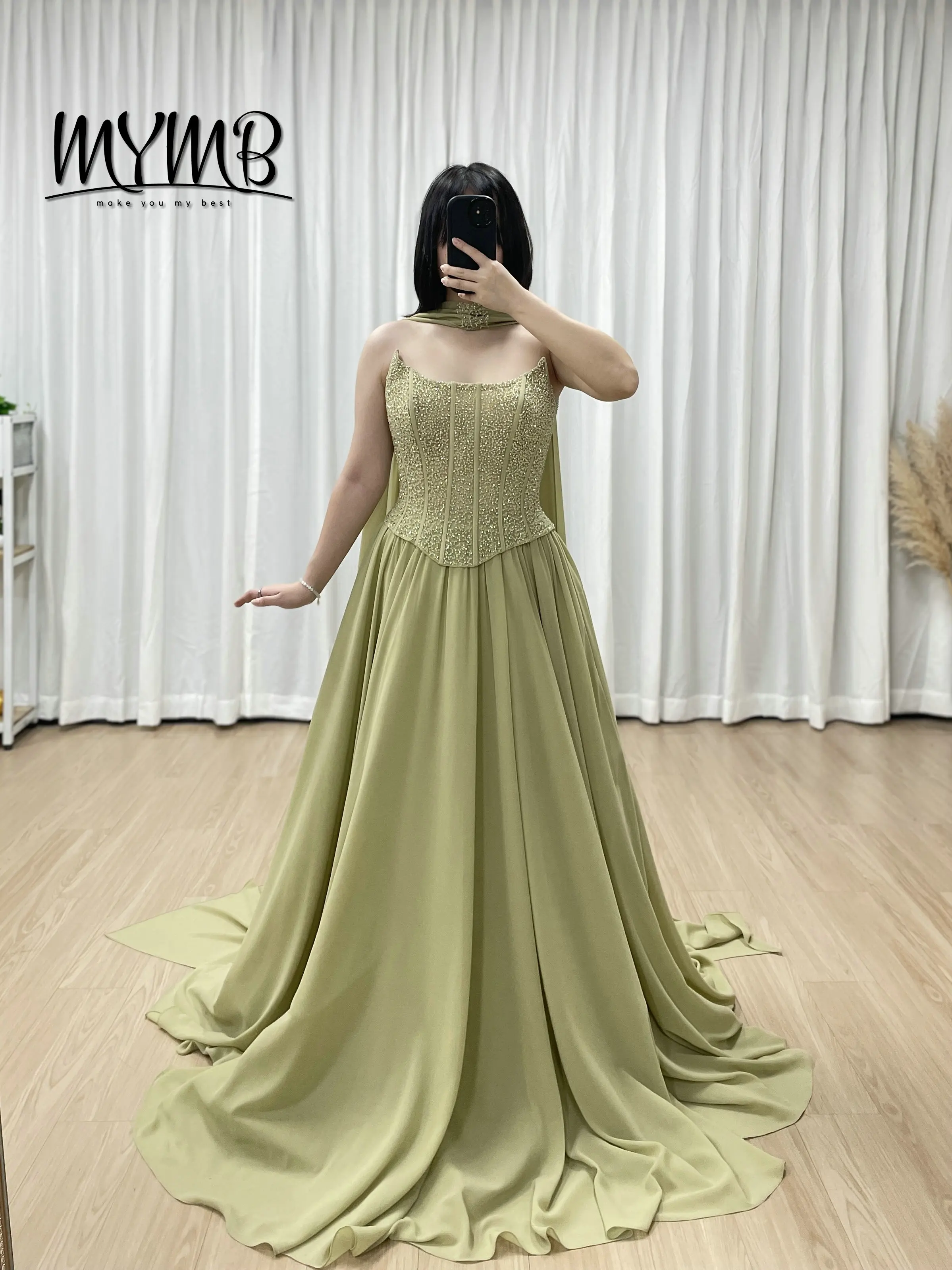 

MYMB Luxury Timeless Trendy Sage Green Beaded a Line Evening Gown With Elegant Scarf Long Dresses for Gala Prom or Party MB40438