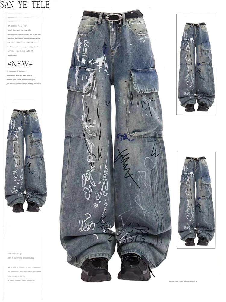 

Graffiti Multi Pocket Cargo Jeans Retro Personalized Women BF High Waist Loose Casual Straight Leg Trendy Washed Pants