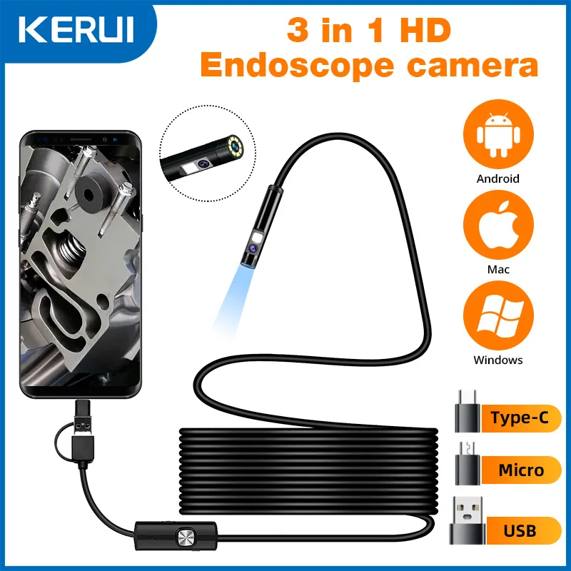 KERUI 7mm 3-in-1 Endoscope Camera Dual/Single Lens Mini Camera for Android PC Waterproof Inspection Borescope for Pipeline Car