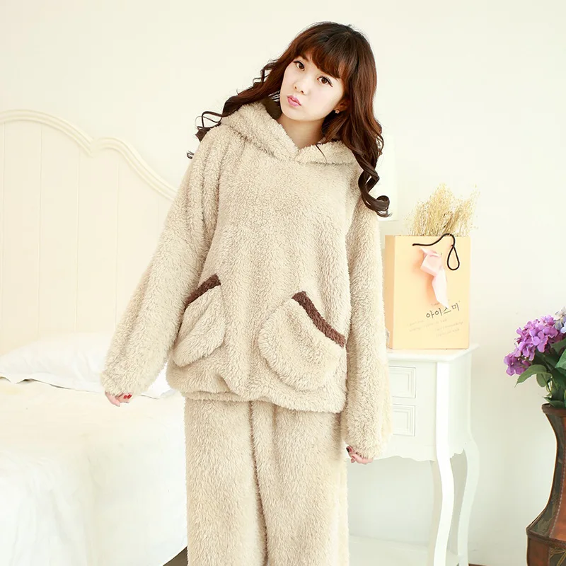 Thickened Warm Autumn Winter Women Cartoon Plush Hooded Bear Sleepwear Ladies Flannel Homewear Set Solid Nightwear Loungewear