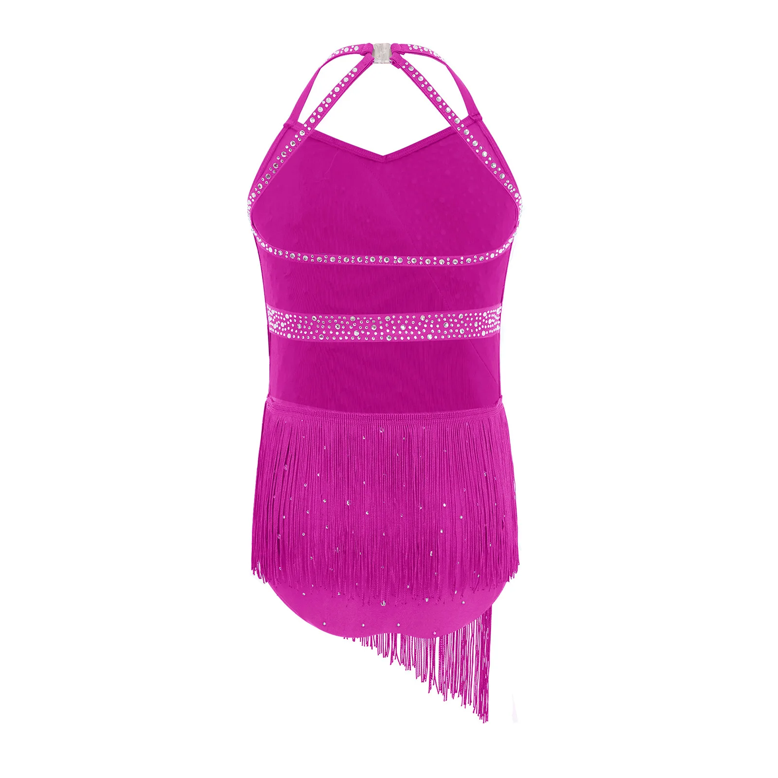 女の子タッセルラテンダンスレオタードノースリーブホルターバックレスラインストーンバレエ体操フィギュアスケートチャチャサルサダンスウェア