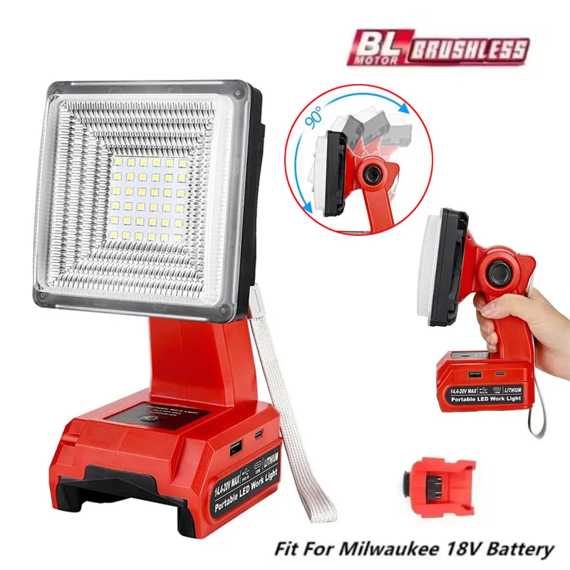 Lampada da lavoro a LED da 25 W per Milwaukee M18 18 V Batteria Luce di inondazione esterna con 2 porte USB per cantiere Riparazione auto Campeggio Emergenza