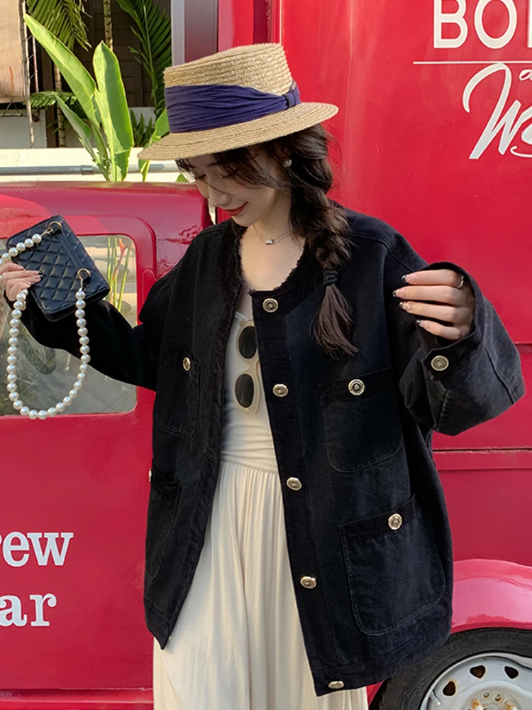 

Women's Spring Fall French Elegant Black Denim Jacket Petite-Friendly Loose Fit Trucker Coat Chic Casual cropped Outerwear