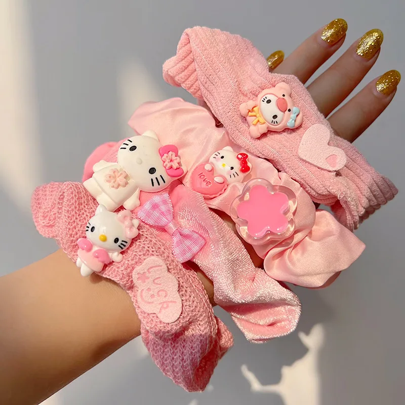 Sanrio Hair Ring Hello Kitty Kawaii Plush Hair Rope Rubber Band Sweet Girl Heart Hair Accessories Toys Girls Birthday Present