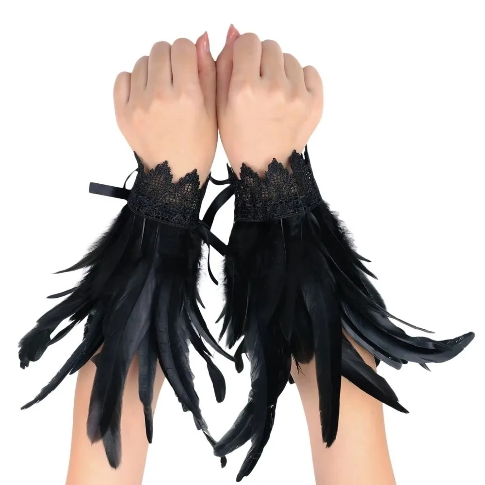 New Black Fluffy Feather Wrist Cuffs Lace Lightweight Plume Bracelet Adjustable Punk Halloween Arm Cuff Gloves Stage Performance