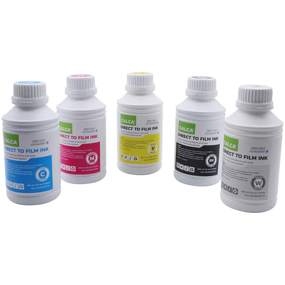 CALCA DTF Ink 5pcs*500ml (C M Y K W) Direct to Transfer Film Ink for L1800 L1390 I3200 Printheads DTF Printer Inks Set