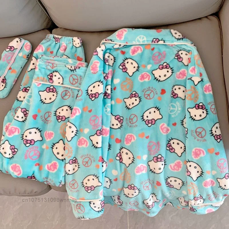 Sanrio Cute Hello Kitty Coral Fleece Plush Pajamas Set Women\'s Autumn and Winter Pijama Thickened Flannel Home Furry Set Clothes