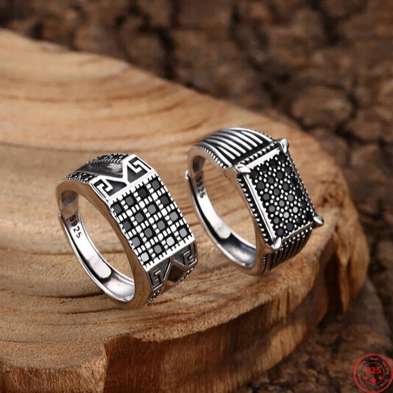

S925 Sterling Silver Charms Rings for Men Women Retro Striped Pattern Inlaid Micro Black Zircon New Classic Jewelry Wholesale
