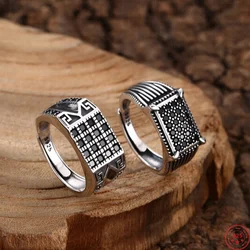 S925 Sterling Silver Charms Rings for Men Women Retro Striped Pattern Inlaid Micro Black Zircon New Classic Jewelry Wholesale