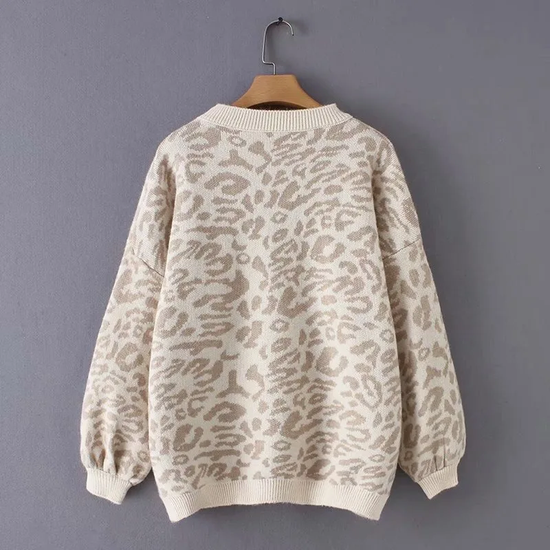 Autumn and Winter New European and American Loose Round Neck Leopard Puff Sleeve Knitwear Pullover Sweater Women