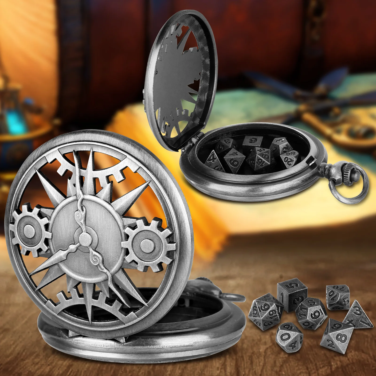 

dnd dice watch Dice Case Hollow Gear Pocket Watch Dice Set Mini Metal Dice Polyhedral Dnd Dice with Chain for Role Playing Games