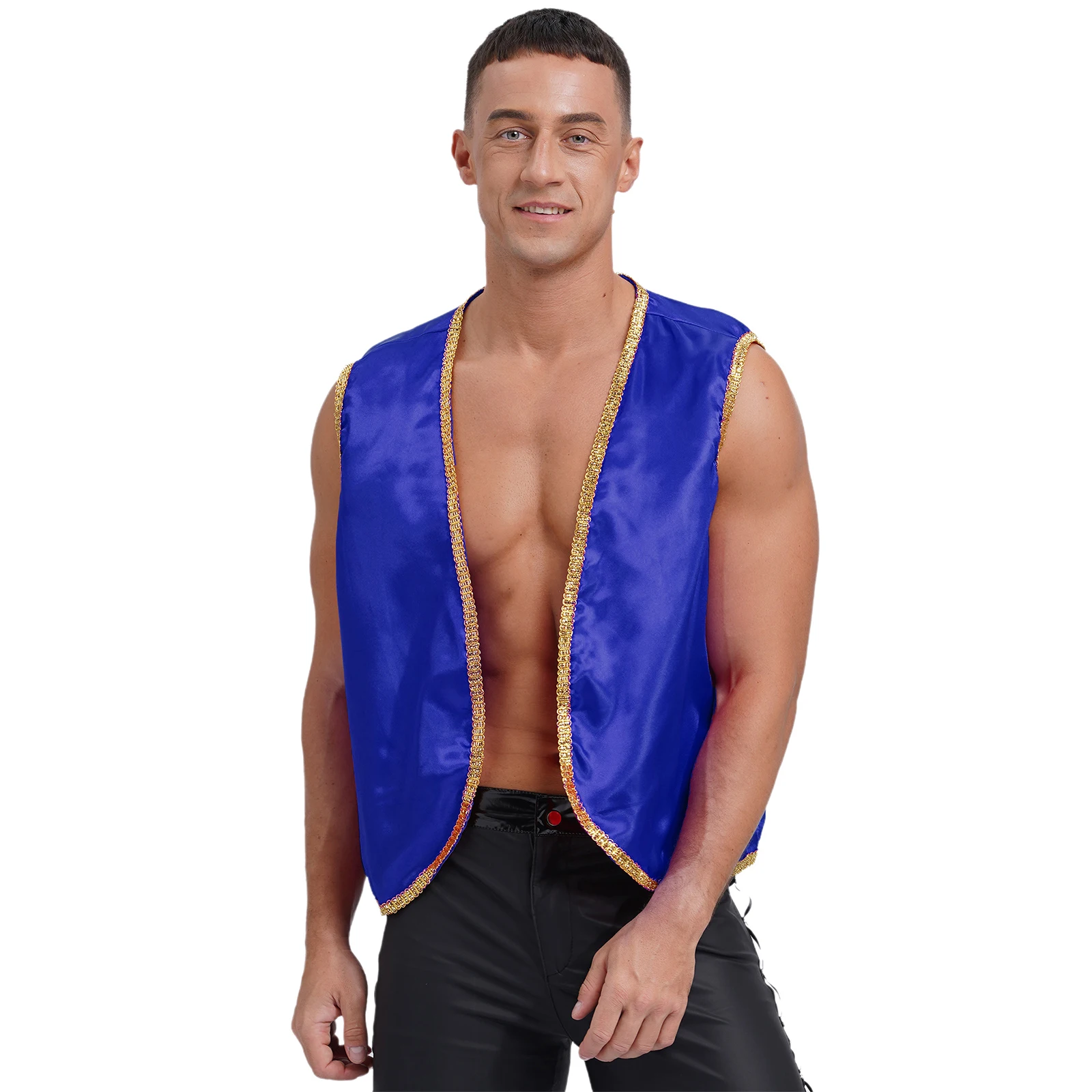 Heren Arabische Prins Satijnen Vest Halloween Kostuum Woestijn Prins Cosplay Gouden Rand Open Voorkant Vest Sprookjes Verkleedkleding