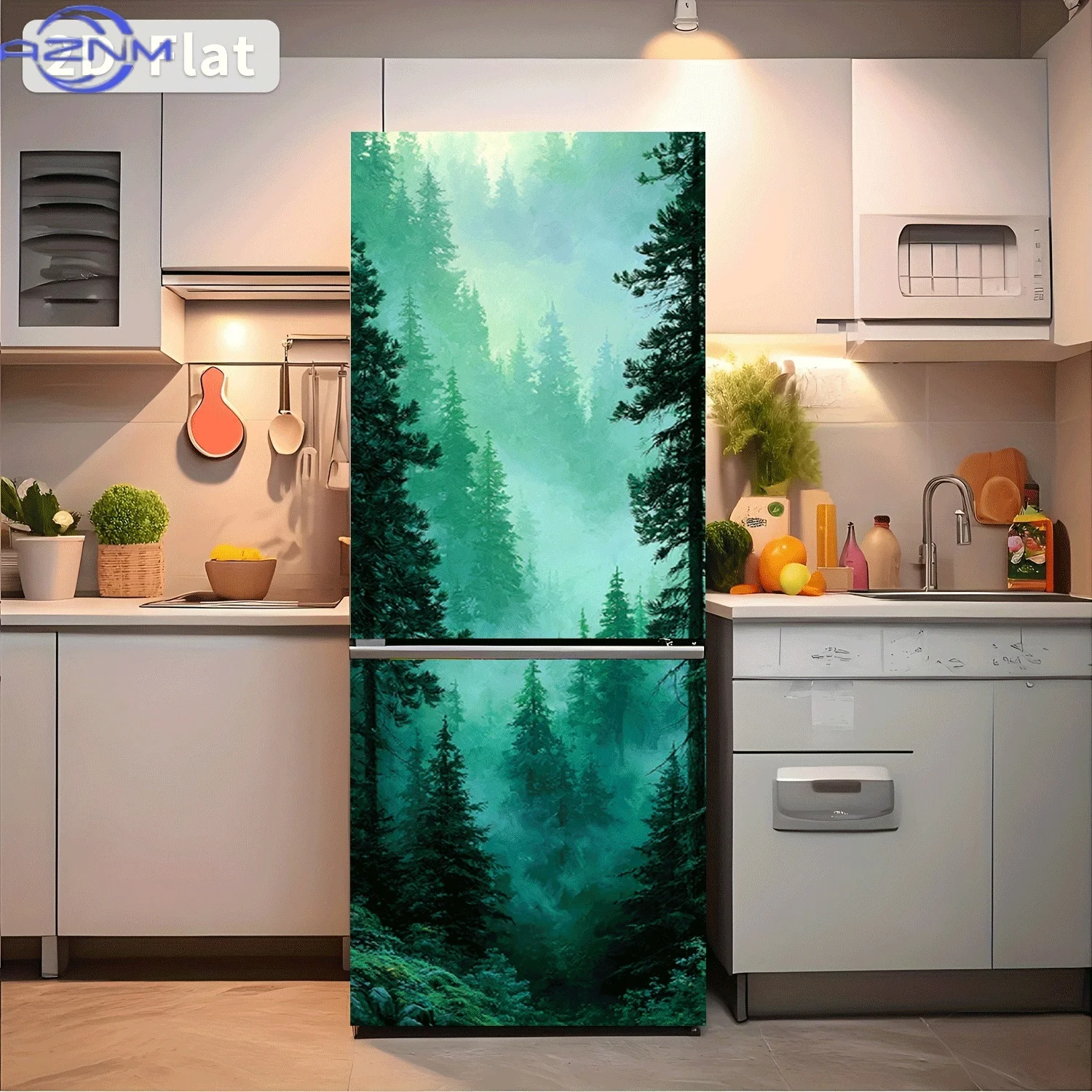[2D Flat Printing] 1pc Refrigerator Sticker Misty Spruce Forest Deep Theme Design Wall Decoration Self-Adhesive Suitable for C
