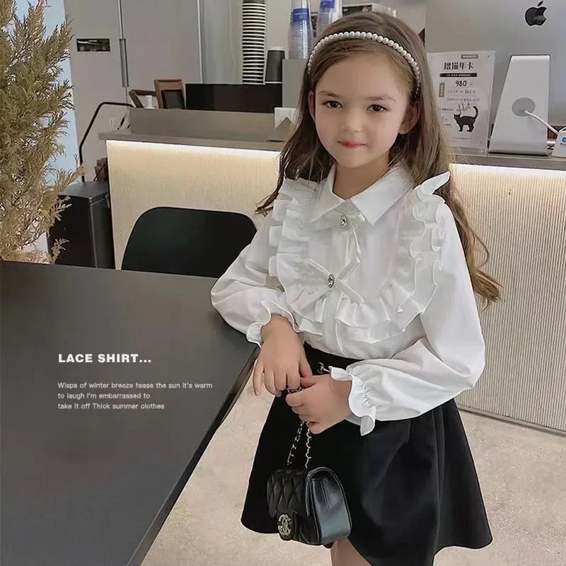 

Girl Clothes Suit White Shirt School Uniform New Doll Collar Girl Double Sweet Lace Long Sleeve Shirt and Skirt Girl 2-piece Set