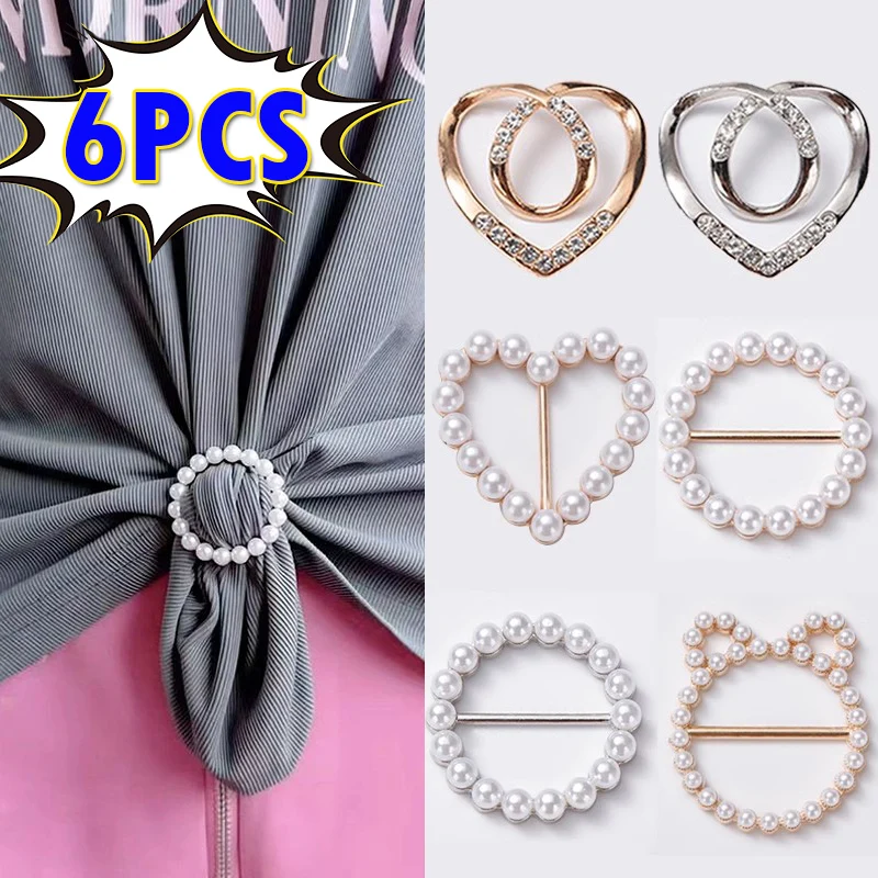 4/6pcs Pearl Corner Hem Waist Knotted Brooches Crystal Metal Hijab Scarf Ring Button Shirt T-shirt Fixed Buckle Pins Accessories