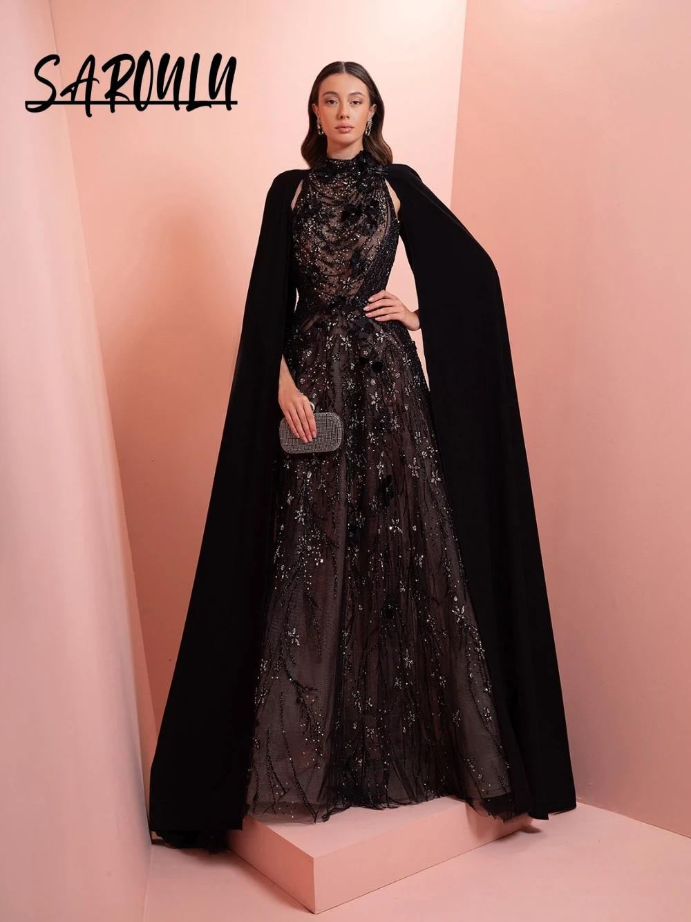 

Luxury Sparkly Black Evening Gown With Cape Delicate Prom Wear High Neck Sequined Formal Dress For Gala Events Customized