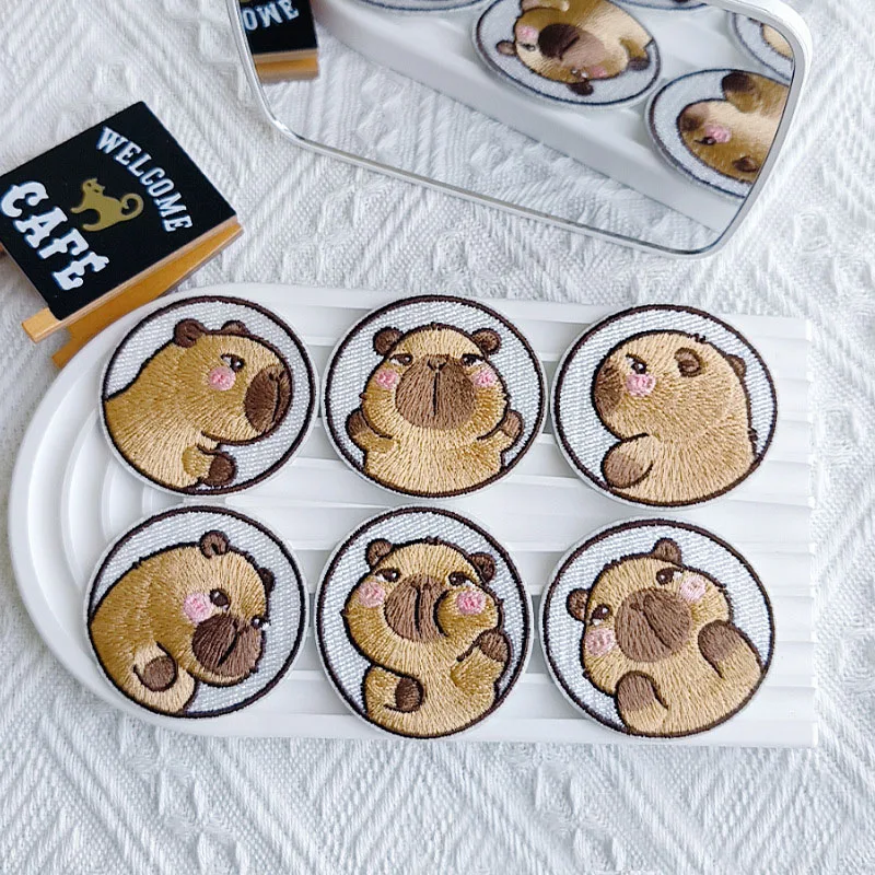 Cute Capybara Circular Self-adhesive Embroidered Patches Decorative Clothing Bag DIY Student Stationery Brooch Accessories