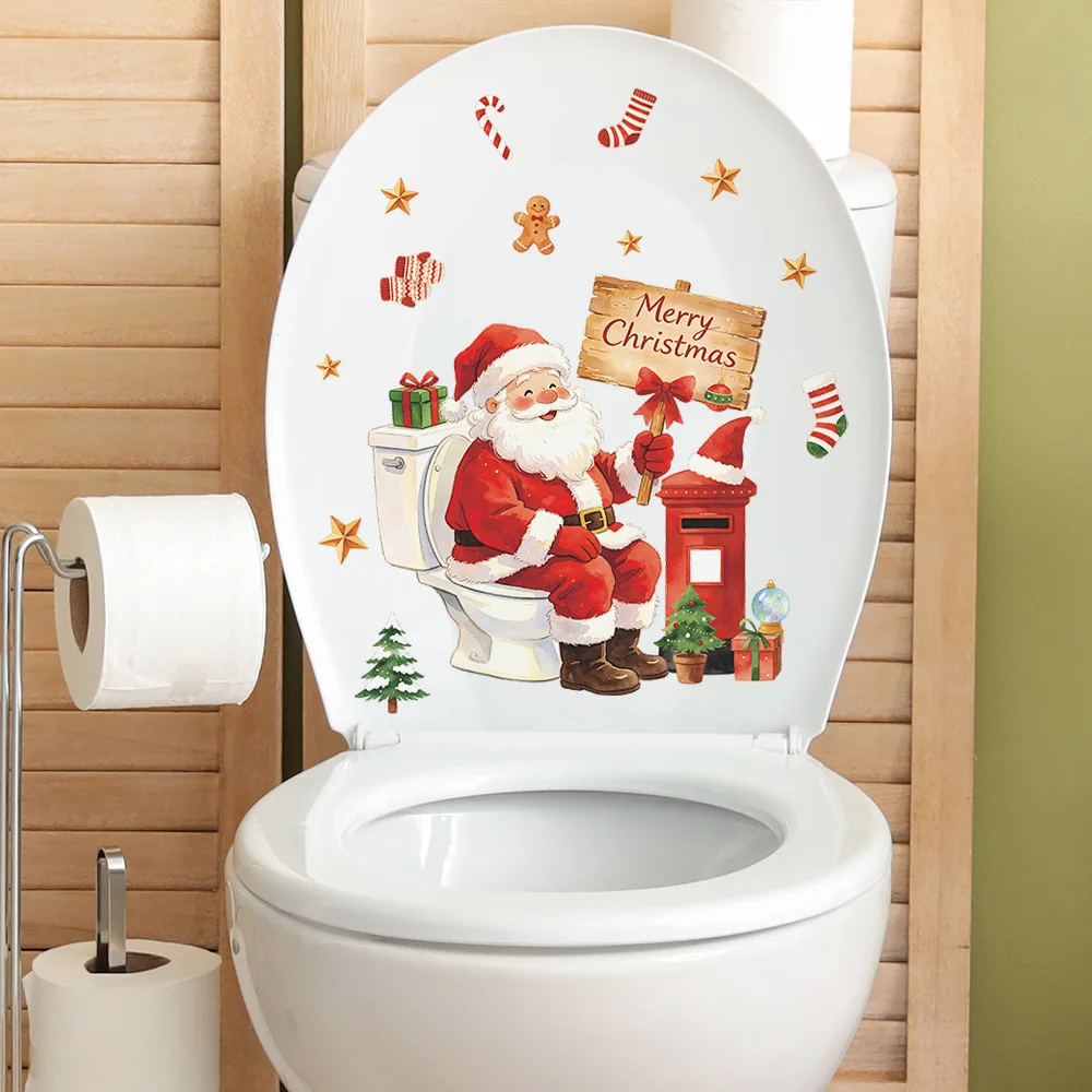 Self‑Adhesive Christmas Funny Santa Star Gift Box Toilet Decal, Holiday Decor Sticker for Bathroom Restroom Toilet Seat