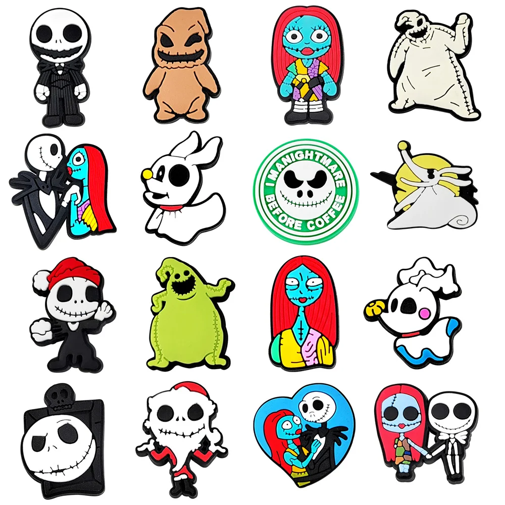 15/22/50 Uds. Película de dibujos animados pesadilla antes de Navidad zapatos encantos cráneo Jack en forma de zuecos sandalias accesorios de zapatos decoraciones