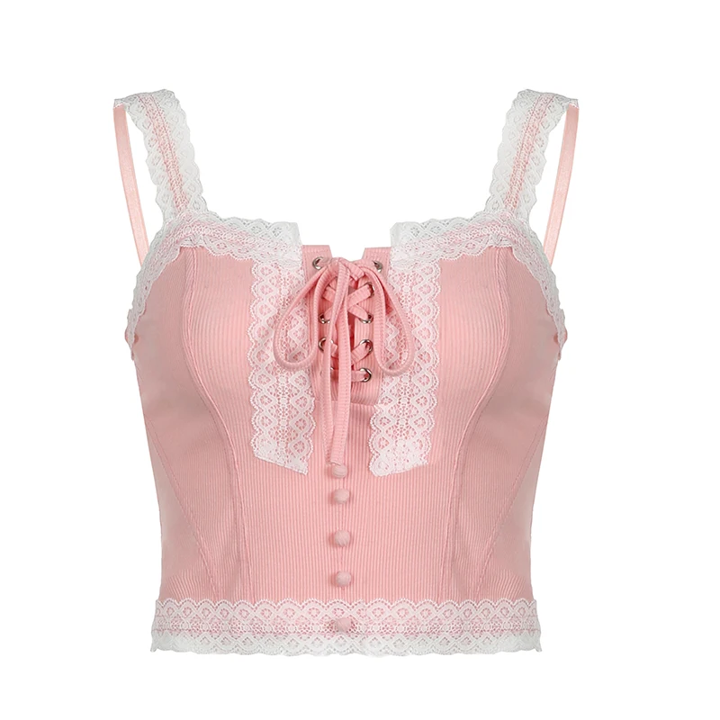 CIBBAR Coquette Pink Corset Top Vintage Lace Patchwork Bandage Crop Tops Women Summer Kawaii Tees Ladies Cute Vest y2k Aesthetic