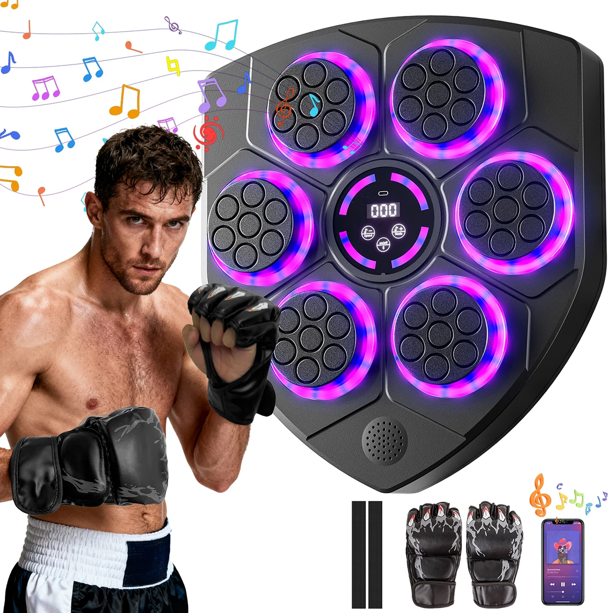 Music Boxing Machine Boxhallenausstattung LED Bluetooth Musik Boxmaschine mit Handschuhe Bluetooth, 9 Geschwindigkeits und Trainingsmodi, Zählmodus, Musik Box Maschine für Erwachsene und Kinder