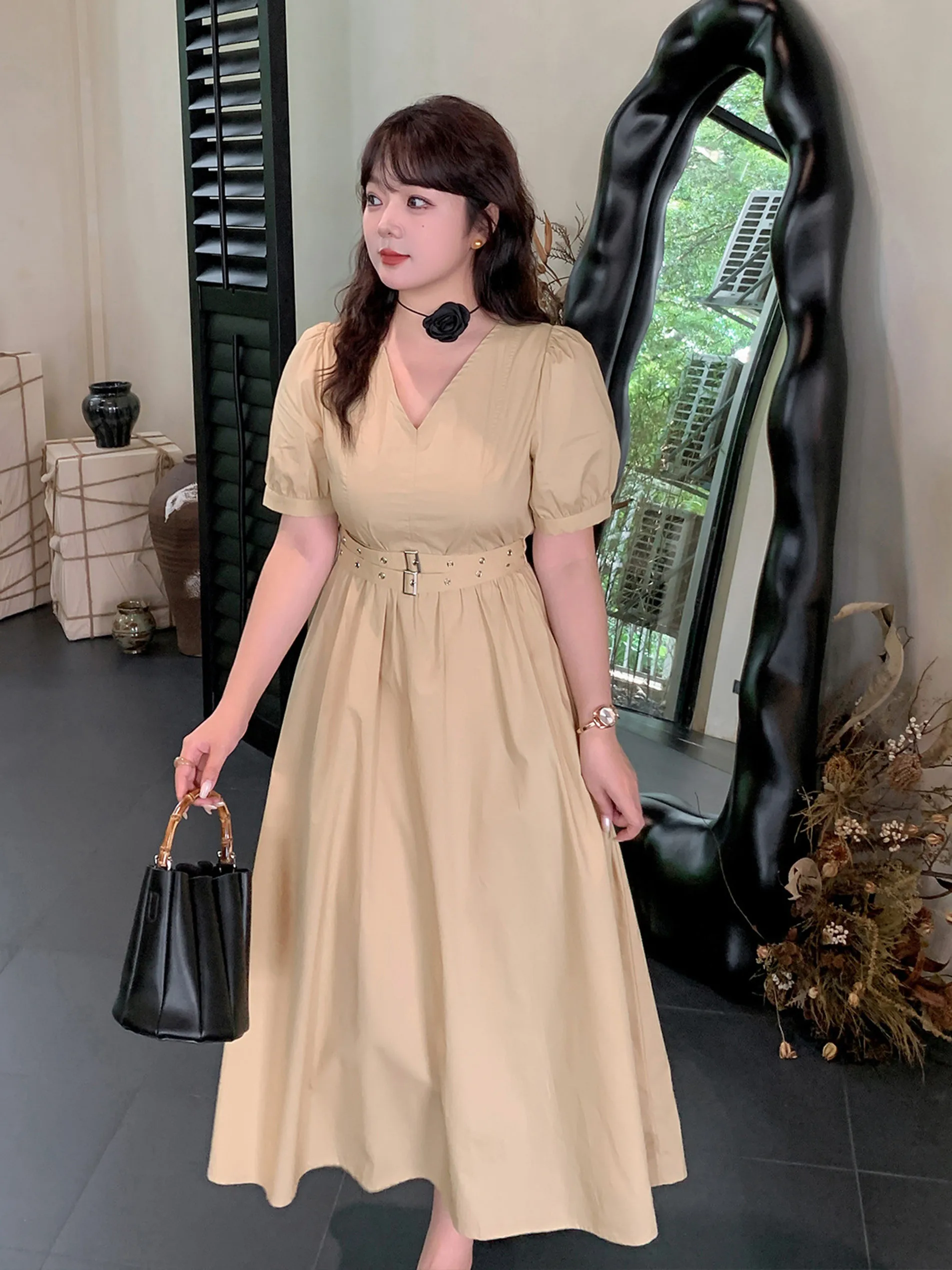 plus Size Summer New Tea Break Dr Waist Cinching Long Skirt for Heavy Women Ele Cotton Blend Bubble Sve V Ne