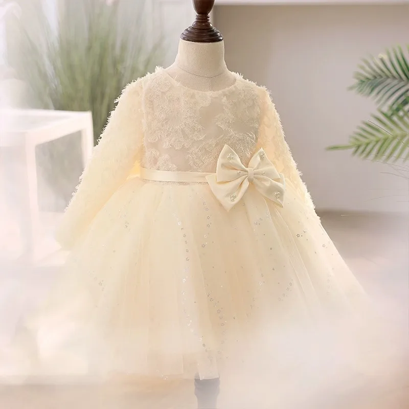 Customized Temperament Bow Sashes Full Sleeve Bow Design Kid Birthday Dresses Ball Gown Mesh Princess Dress O-neck Sequin Flower