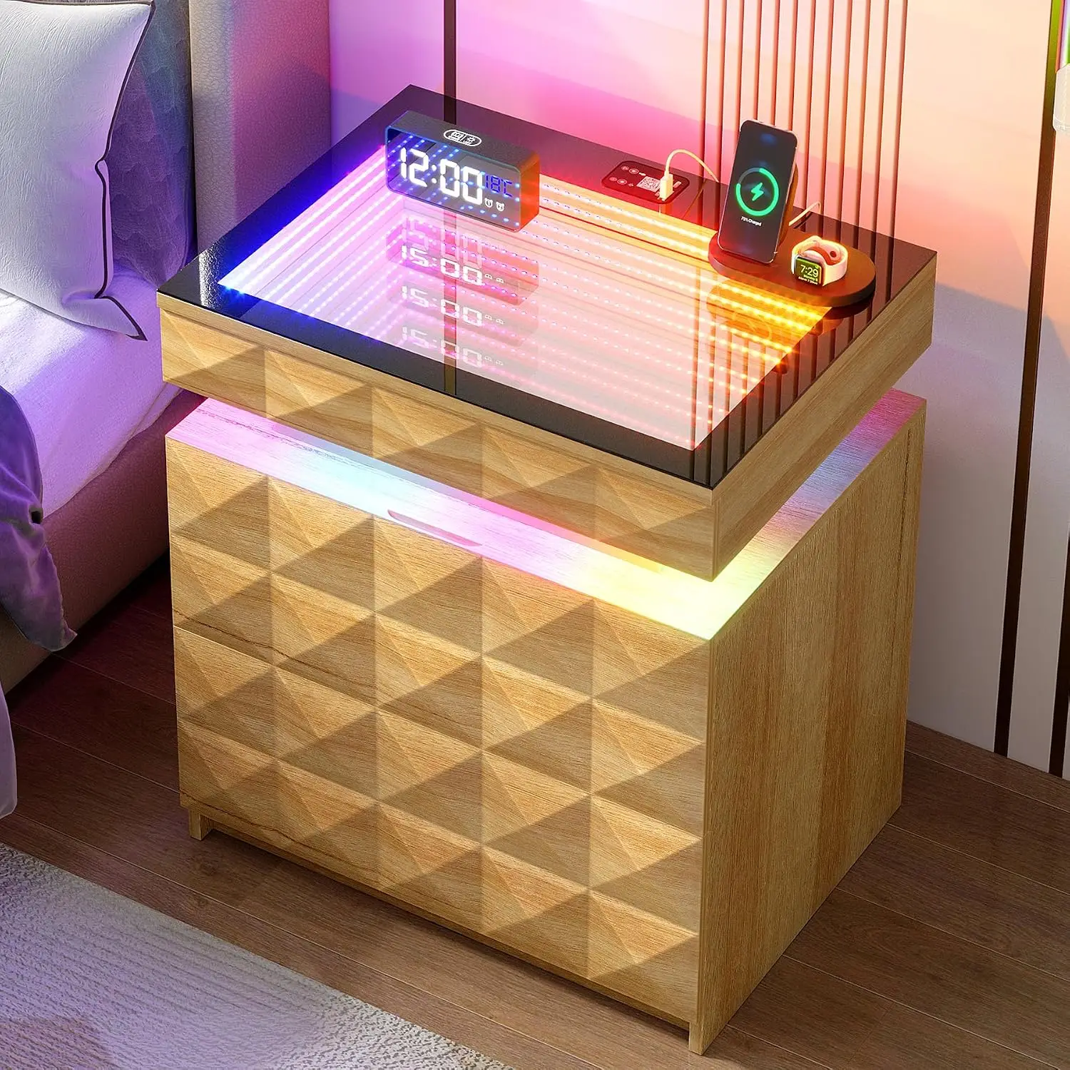 Night Stand with Charging Station & RGB Lights | RGB Lights, Human Body Sensor, Tempered Glass and Sliding Top, 3 Drawers, Hidde