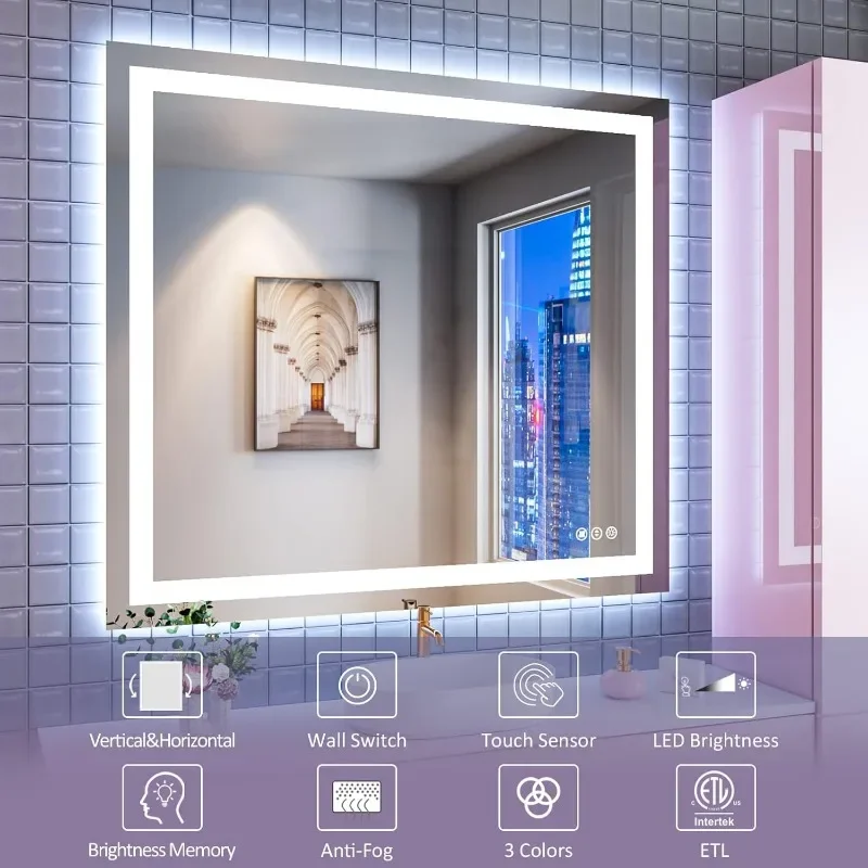 مرآة حمام LED مقاس 40 بوصة × 36 بوصة مع إضاءة أمامية وخلفية، مرايا حائط قابلة للتعتيم بدون خطوات مع مضادة للضباب، ومقاومة للكسر، وذاكرة