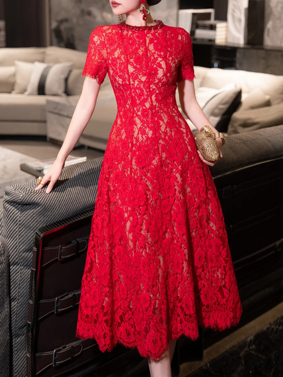 TWOTWINSTYLE Solid Spliced Lace Up Slimming Dresses For Women O Neck Short Sleeveless High Waist Temperament Long Dress Female