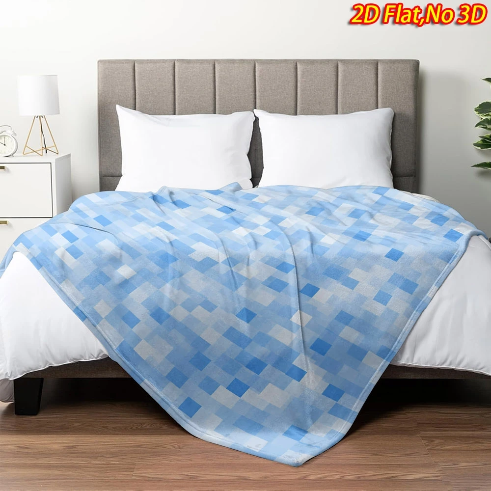 All Over Pale Blue White Irregular Mosaic Square Block Layout Fluffy Blanket Soft Warm Cover For Couch Office Picnic Decor Gift