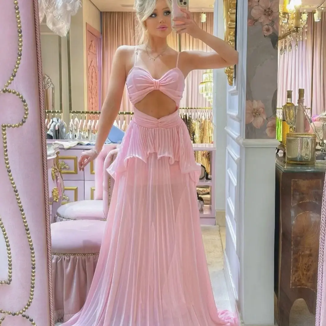 

New Design Sexy Sweetheart Spaghetti Straps Pink Evening Dress Pleated Draped Ruffles Princess Prom Party Dress