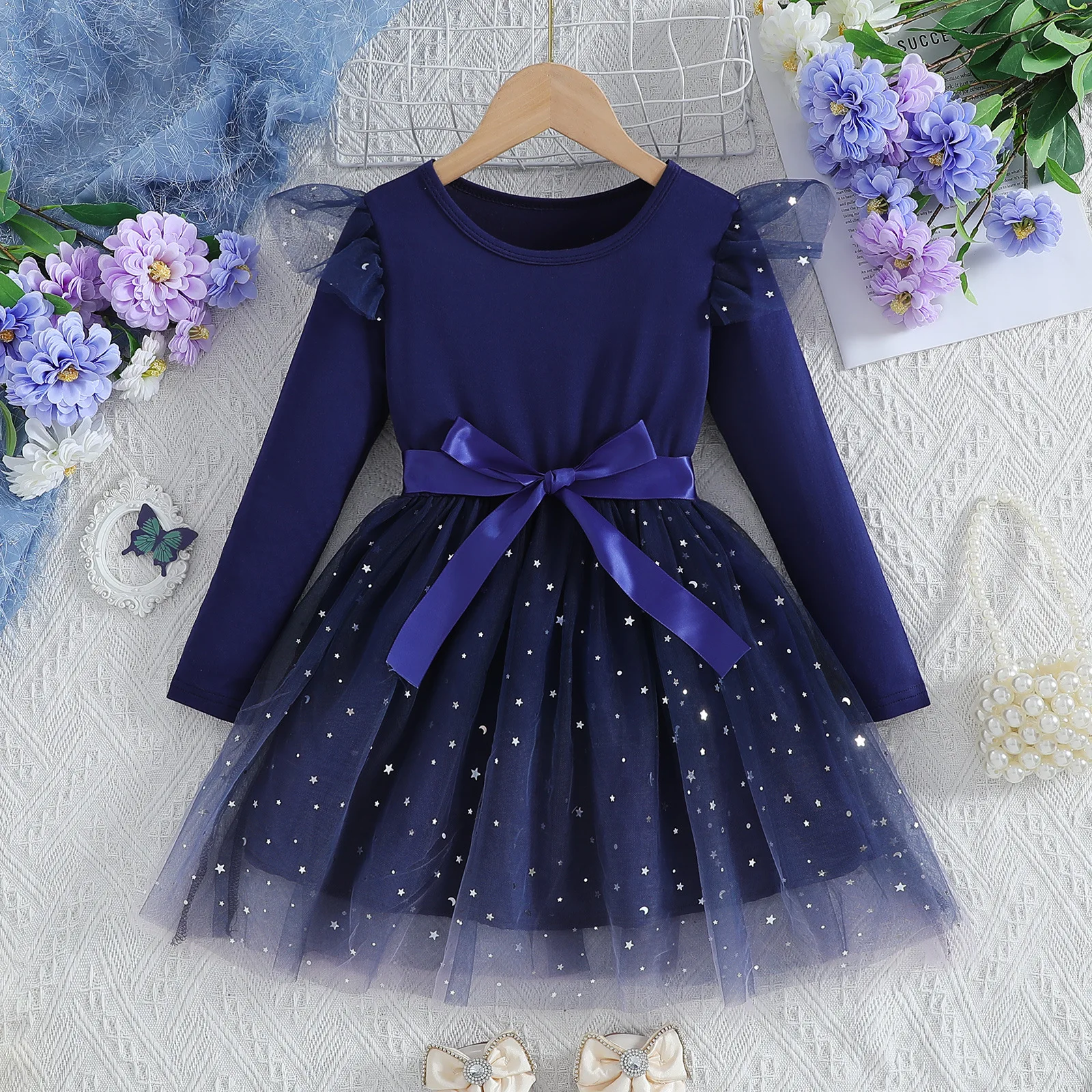 Children Baby Girls Dress Long Sleeved Kids Birthday Wedding Party Star Printed Mesh Dress Fashion Autumn Outfit